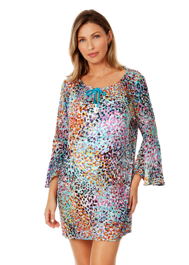 ANNE COLE SUNSET DOT BELL SLEEVE TUNIC COVERUP