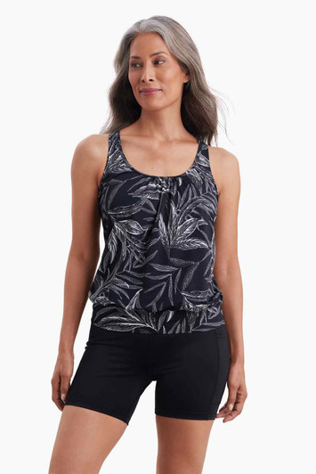 SHAPESOLVER BY MIMI FLAMINGO LEAF ENCOUNTER SHIRRED NECK BLOUSON TANKINI MASTECTOMY