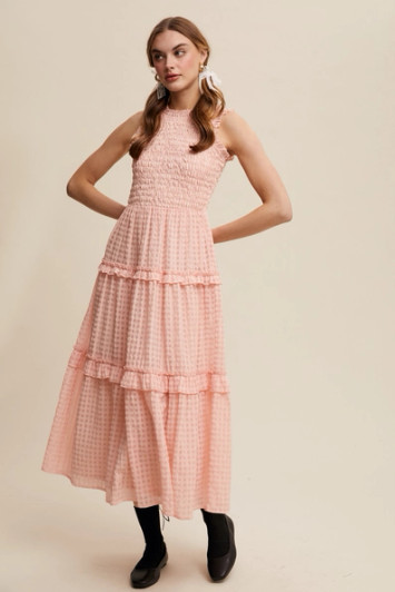 LISTICLE SLEEVELESS GINGHAM MAXI DRESS