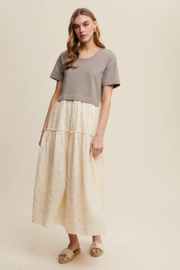 LISTICLE LAYERED LACE DRESS WITH TEE OVERLAY