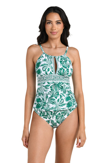 LA BLANCA BOTANICAL BROCADE HIGH NECK KEYHOLE TANKINI