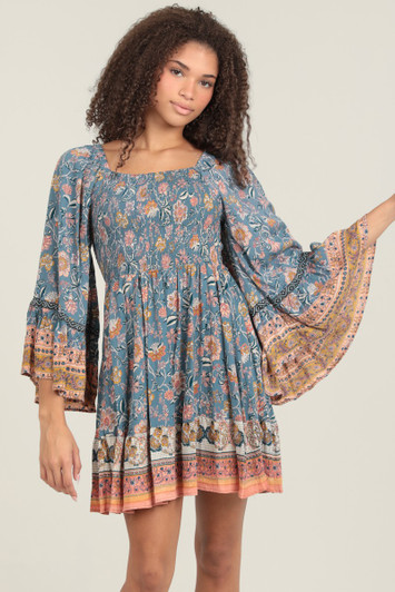 ANGIE WIDE BELL FLARE SLEEVE SMOCKED BODICE DRESS