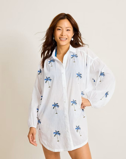 TOMMY BAHAMA CATALINA COAST PALM BOYFRIEND BEACH SHIRT - WHITE