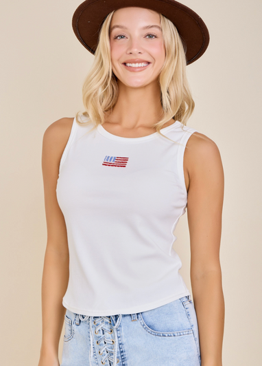 MAINSTRIP EMBROIDERED FLAG RIBBED TANK TOP