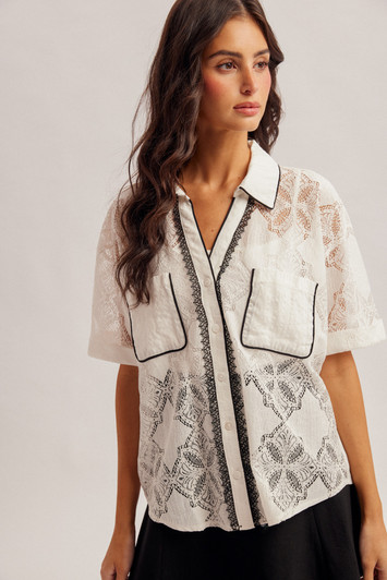 HEM & THREAD CONTRAST PIPING LACE BUTTON DOWN TOP