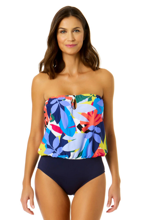 ANNE COLE TROPIC STAMP STRAPLESS BLOUSON ONE PIECE