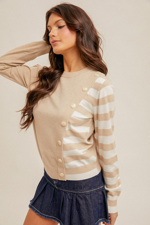 HEM & THREAD ASYMMETRICAL STRIPE BUTTON CREW NECK SWEATER