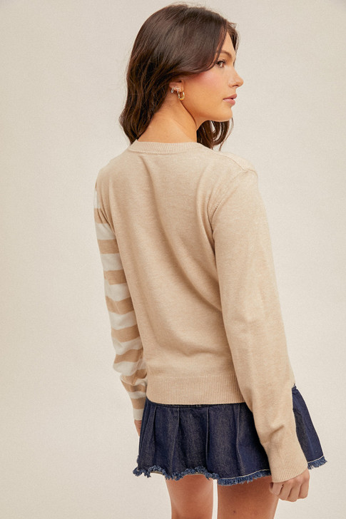 HEM & THREAD ASYMMETRICAL STRIPE BUTTON CREW NECK SWEATER