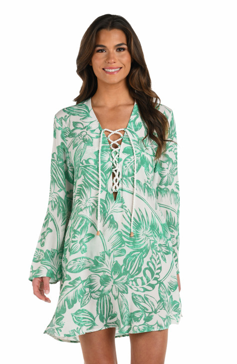 LA BLANCA BATIKI BALINESE LACE UP V-NECK TUNIC COVER UP