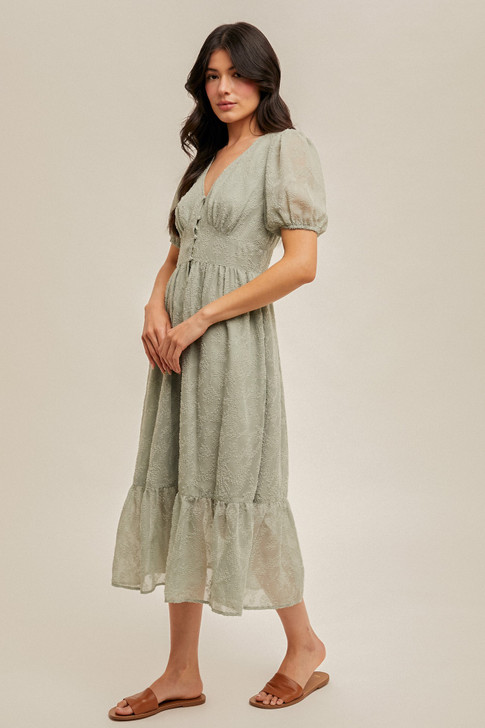 HEM & THREAD JACQUARD PUFF SLEEVE MIDI DRESS