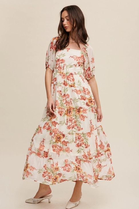 LISTICLE FLORAL TIERED MAXI DRESS