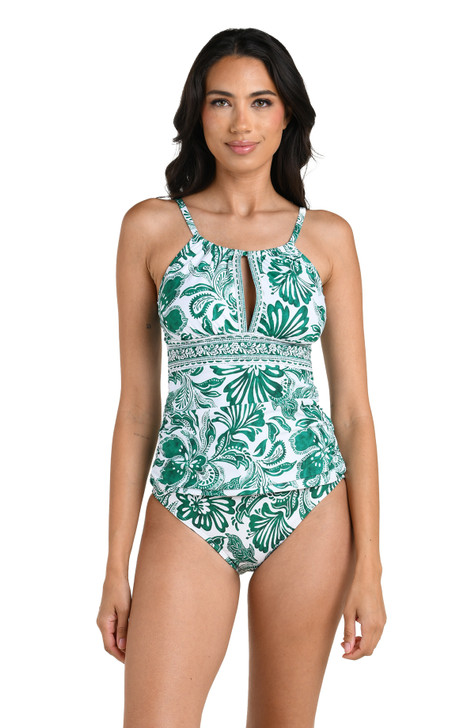 LA BLANCA BOTANICAL BROCADE HIGH NECK KEYHOLE TANKINI