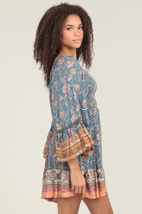 ANGIE WIDE BELL FLARE SLEEVE SMOCKED BODICE DRESS