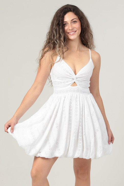 ANGIE EYELET EMBROIDERED TWIST FRONT BUBBLE DRESS