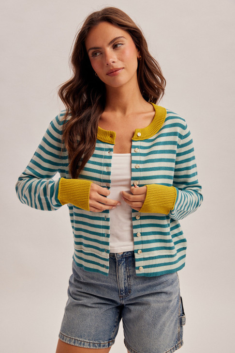 HEM & THREAD COLORBLOCK STRIPE BUTTON DOWN CARDIGAN