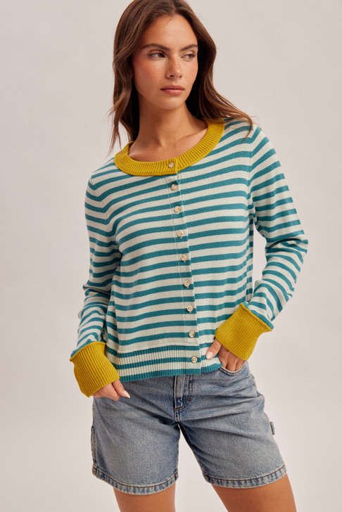 HEM & THREAD COLORBLOCK STRIPE BUTTON DOWN CARDIGAN