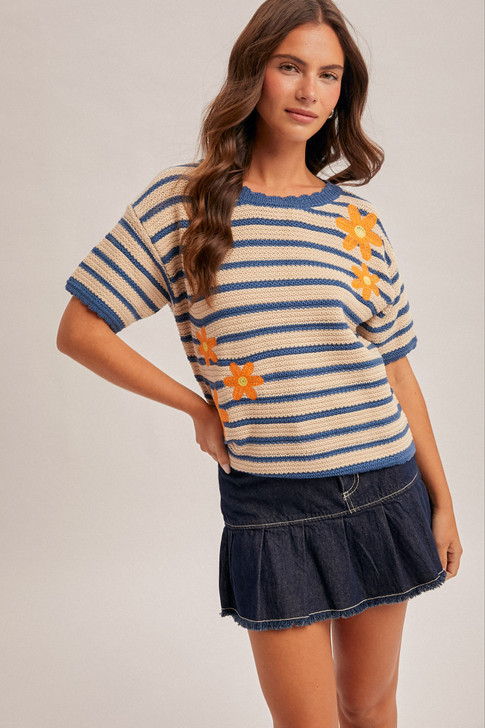 HEM & THREAD FLOWER EMBROIDERED STRIPE SWEATER TEE