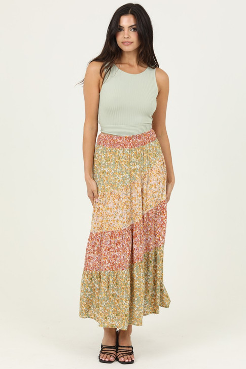 ANGIE PRINTED A LINE TIERED MAXI SKIRT