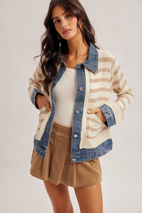 HEM & THREAD DENIM CONTRAST STRIPE SWEATER JACKET