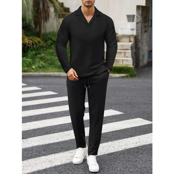 Élégant Ensemble pour Homme en Coton, Composé d'une Chemise À Col et d'un Pantalon À Cordon Cotrelio™ Élégant Ensemble pour Homme en Coton, Composé d'une Chemise À Col et d'un Pantalon À Cordon Cotrelio™ zaxx