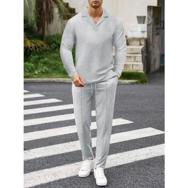 Élégant Ensemble pour Homme en Coton, Composé d'une Chemise À Col et d'un Pantalon À Cordon Cotrelio™ Élégant Ensemble pour Homme en Coton, Composé d'une Chemise À Col et d'un Pantalon À Cordon Cotrelio™ zaxx
