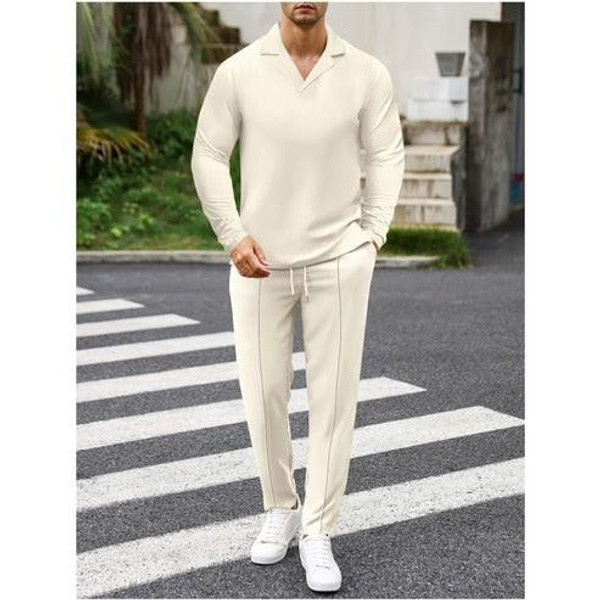 Élégant Ensemble pour Homme en Coton, Composé d'une Chemise À Col et d'un Pantalon À Cordon Cotrelio™ Élégant Ensemble pour Homme en Coton, Composé d'une Chemise À Col et d'un Pantalon À Cordon Cotrelio™ zaxx