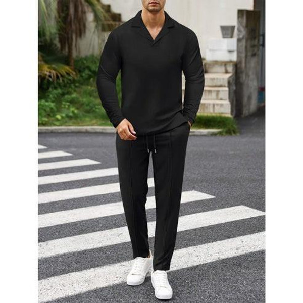 Élégant Ensemble pour Homme en Coton, Composé d'une Chemise À Col et d'un Pantalon À Cordon Cotrelio™ Élégant Ensemble pour Homme en Coton, Composé d'une Chemise À Col et d'un Pantalon À Cordon Cotrelio™ zaxx