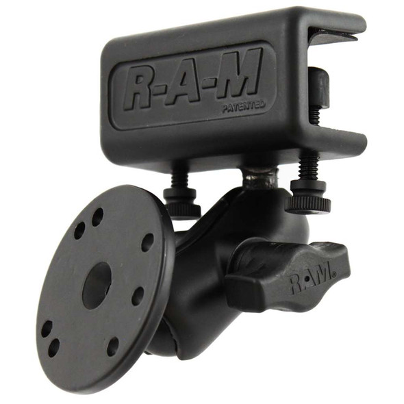 RAM Mounting Systems RAM Mount Glare Shield Clamp Mount w/Short Double Socket Arm & Round Base Adapter w/AMPs Hole Pattern [RAM-B-177-202U] MyGreenOutdoors