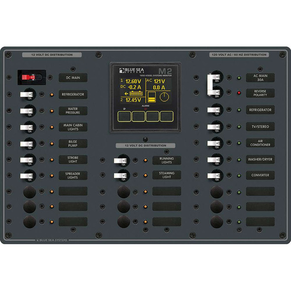 Blue Sea Systems Blue Sea 8413 - Metal AC/DC Panel w/M2 Vessel Systems Monitor 22 Circuit Breakers (15A) [8413] MyGreenOutdoors