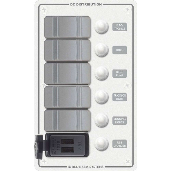 Blue Sea Systems Blue Sea 8421 - 5 Position Contura Switch Panel w/Dual USB Chargers - 12/24V DC - White [8421] MyGreenOutdoors