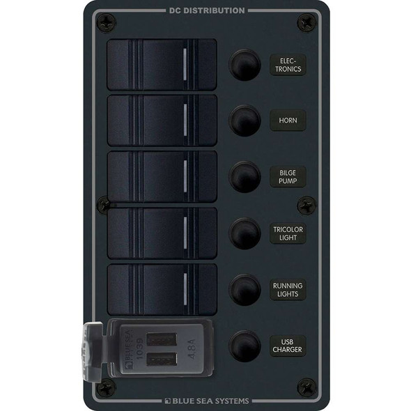 Blue Sea Systems Blue Sea 8521 - 5 Position Contura Switch Panel w/Dual USB Chargers - 12/24V DC - Black [8521] MyGreenOutdoors