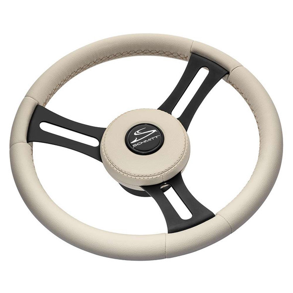 Schmitt Marine Schmitt Ongaro Torcello Elite 14" Wheel - Beige Leather Cap - White Stitching - Black SS Spokes - 3/4" Tapered Shaft [PU081B11] MyGreenOutdoors