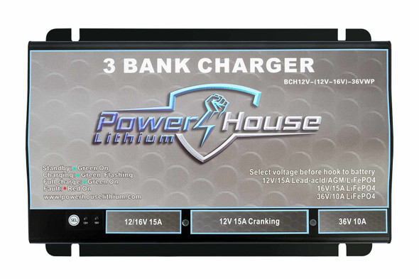 PowerHouse Lithium 12V-(12V-16V)-36VWP 3-Bank Waterproof Battery Charger