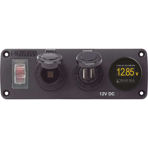 Blue Sea Systems Blue Sea 4366 Water Resistant USB Accessory Panel - Circuit Breaker, 12V Socket, Dual USB Charger, Mini Voltmeter [4366] MyGreenOutdoors