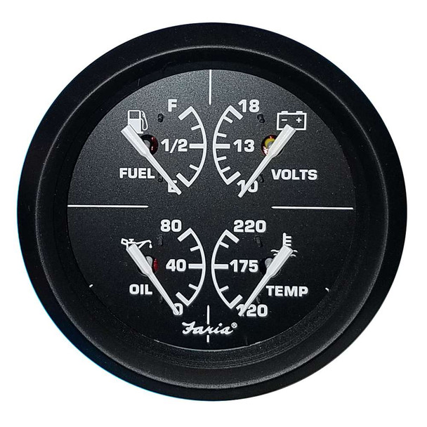 Faria Beede Instruments Faria 4" 4-in-1 Multifunction Gauge - Voltmeter (10-16) Fuel Level - Oil PSI (80 PSI) - Water Temp (100-250F) [32851] MyGreenOutdoors