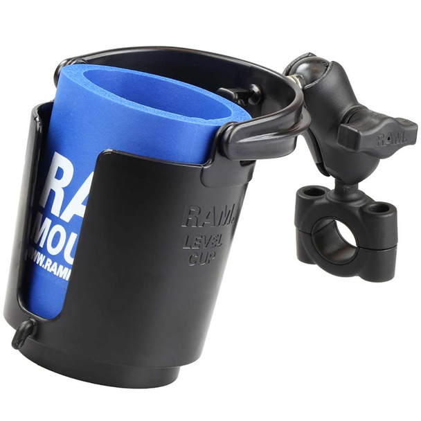 RAM Mounting Systems RAM Mount RAM Torque 3/4" - 1" Diameter Handlebar/Rail Base with 1" Ball, SHORT Arm and Level Cup [RAM-B-408-75-1-A-132U] MyGreenOutdoors