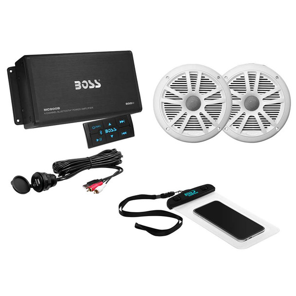 Boss Audio Boss Audio ASK902B.6 Package w/4-Channel Bluetooth Amplifier w/Remote, 2 MR6W 6.5" White Speakers, USB/AUX Input Waterproof Case [ASK902B.6] MyGreenOutdoors