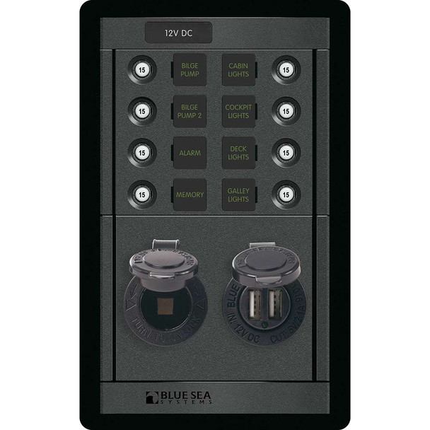 Blue Sea Systems Blue Sea 1498 - 360 Panel - 8 Position 12V Panel w/Dual USB 12V Socket [1498] MyGreenOutdoors