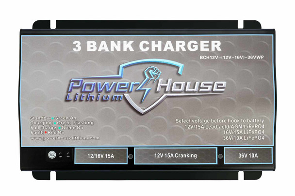PowerHouse Lithium 12V-(12V-16V)-36VWP 3-Bank Waterproof Battery Charger