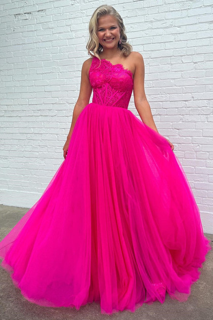 A-line One Shoulder Lace Tulle Prom Dress with Slit A-line One Shoulder Lace Tulle Prom Dress with Slit