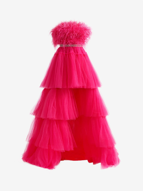 Fuchsia A-line High-Low Strapless Ruffled Tulle Prom Dress with Feathers