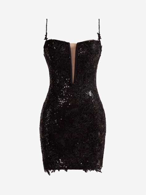 Black Sheath Spaghetti Straps Sequined Lace Homecoming Dress