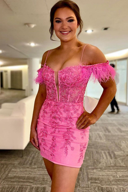 Sheath Off the Shoulder Pink Lace Homecoming Dress