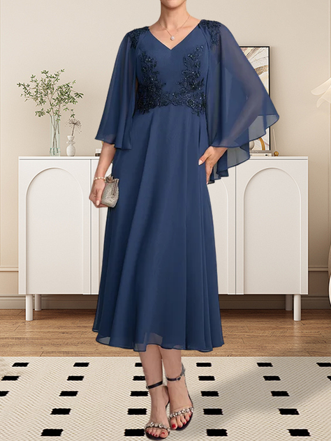 A-line V-Neck Tea-Length Chiffon Lace Mother of the Bride Dress With Beading Sequins A-line V-Neck Tea-Length Chiffon Lace Mother of the Bride Dress With Beading Sequins