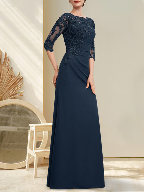 A-line Scoop Floor-Length Chiffon Lace Mother of the Bride Dress With Beading Pleated Sequins A-line Scoop Floor-Length Chiffon Lace Mother of the Bride Dress With Beading Pleated Sequins