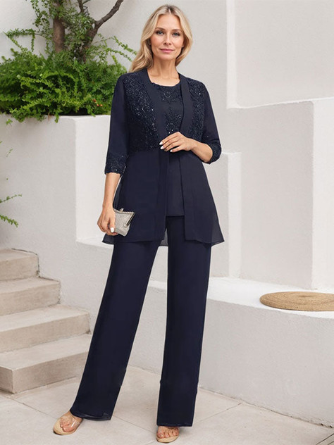 Jumpsuit/Pantsuit Separates Scoop Floor-Length Chiffon Lace Mother of the Bride Dress With Sequins Jumpsuit/Pantsuit Separates Scoop Floor-Length Chiffon Lace Mother of the Bride Dress With Sequins
