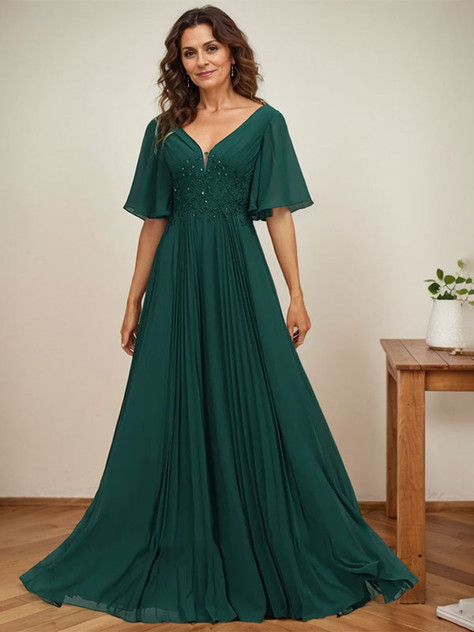 A-line V-Neck Floor-Length Chiffon Mother of the Bride Dress With Sequins Appliques Lace Pleated A-line V-Neck Floor-Length Chiffon Mother of the Bride Dress With Sequins Appliques Lace Pleated