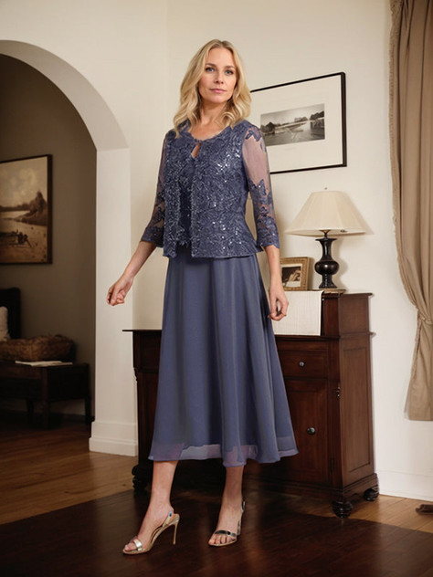 A-line Scoop Tea-Length Lace Chiffon Mother of the Bride Dress With Sequins A-line Scoop Tea-Length Lace Chiffon Mother of the Bride Dress With Sequins