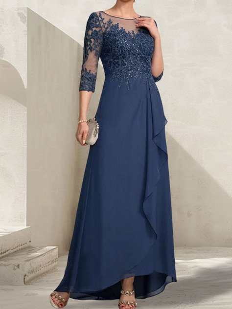 A-line Scoop Illusion Asymmetrical Lace Chiffon Mother of the Bride Dress With Sequins Cascading Ruffles