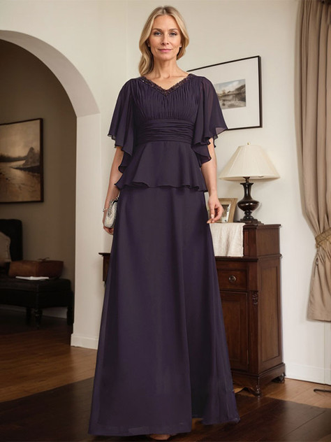 A-line V-Neck Floor-Length Chiffon Mother of the Bride Dress With Pleated Beading A-line V-Neck Floor-Length Chiffon Mother of the Bride Dress With Pleated Beading
